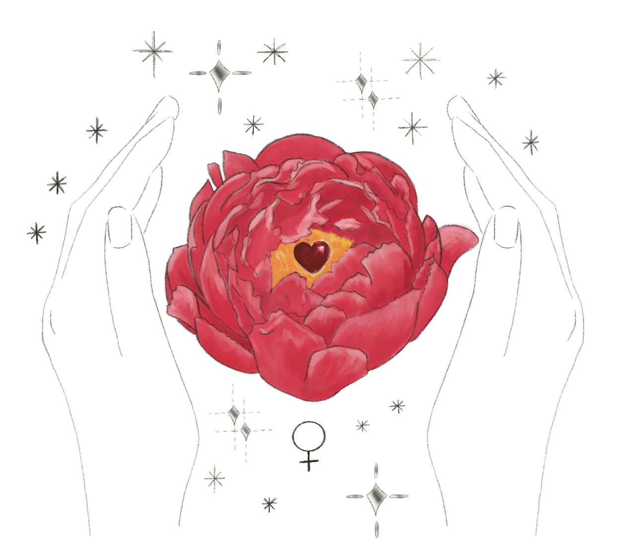Two hands held upright around a crimson peony surrounded by hand-drawn sparkles