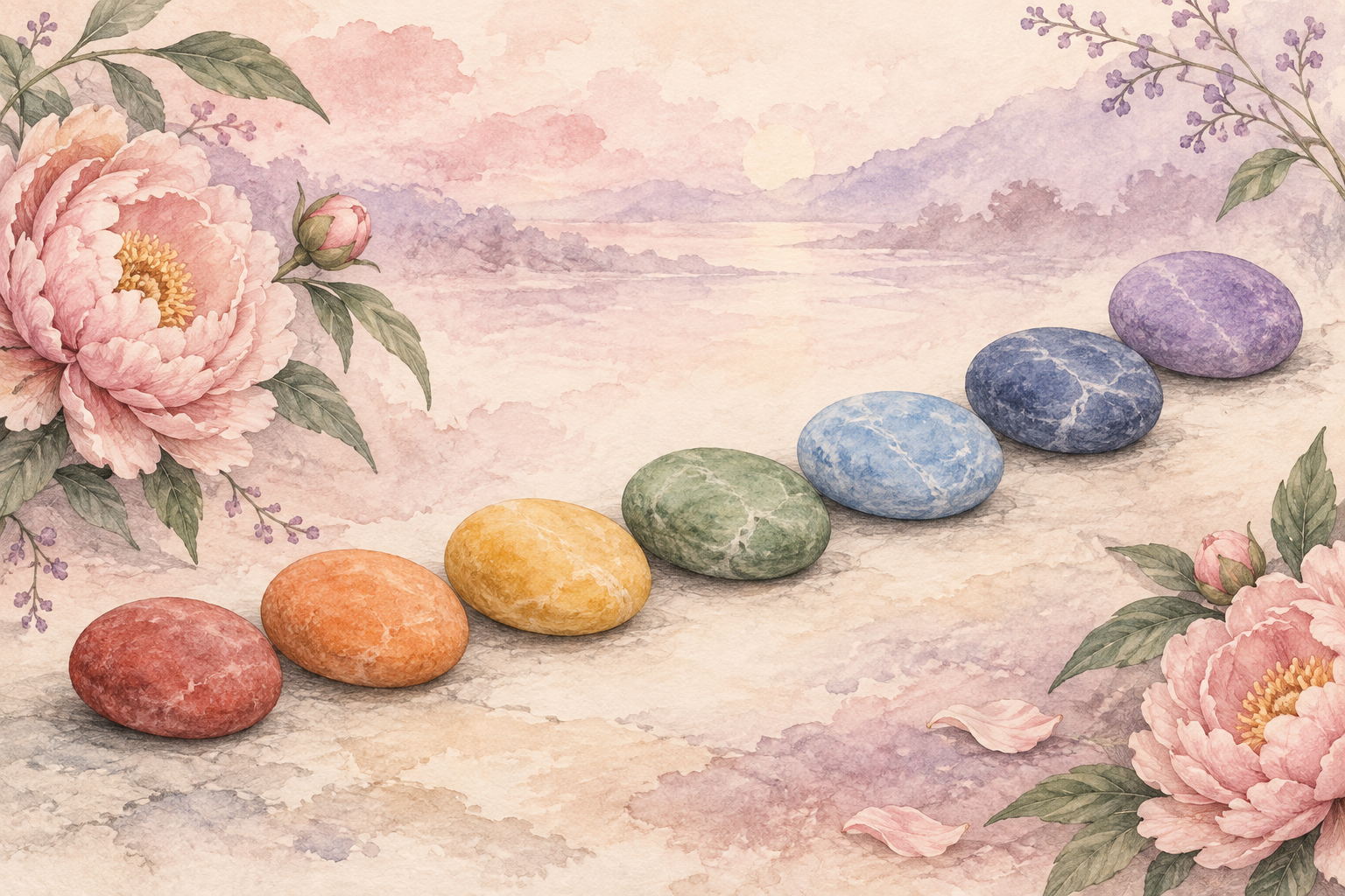 Watercolour river stones in seven chakra colours with delicate peony flowers
