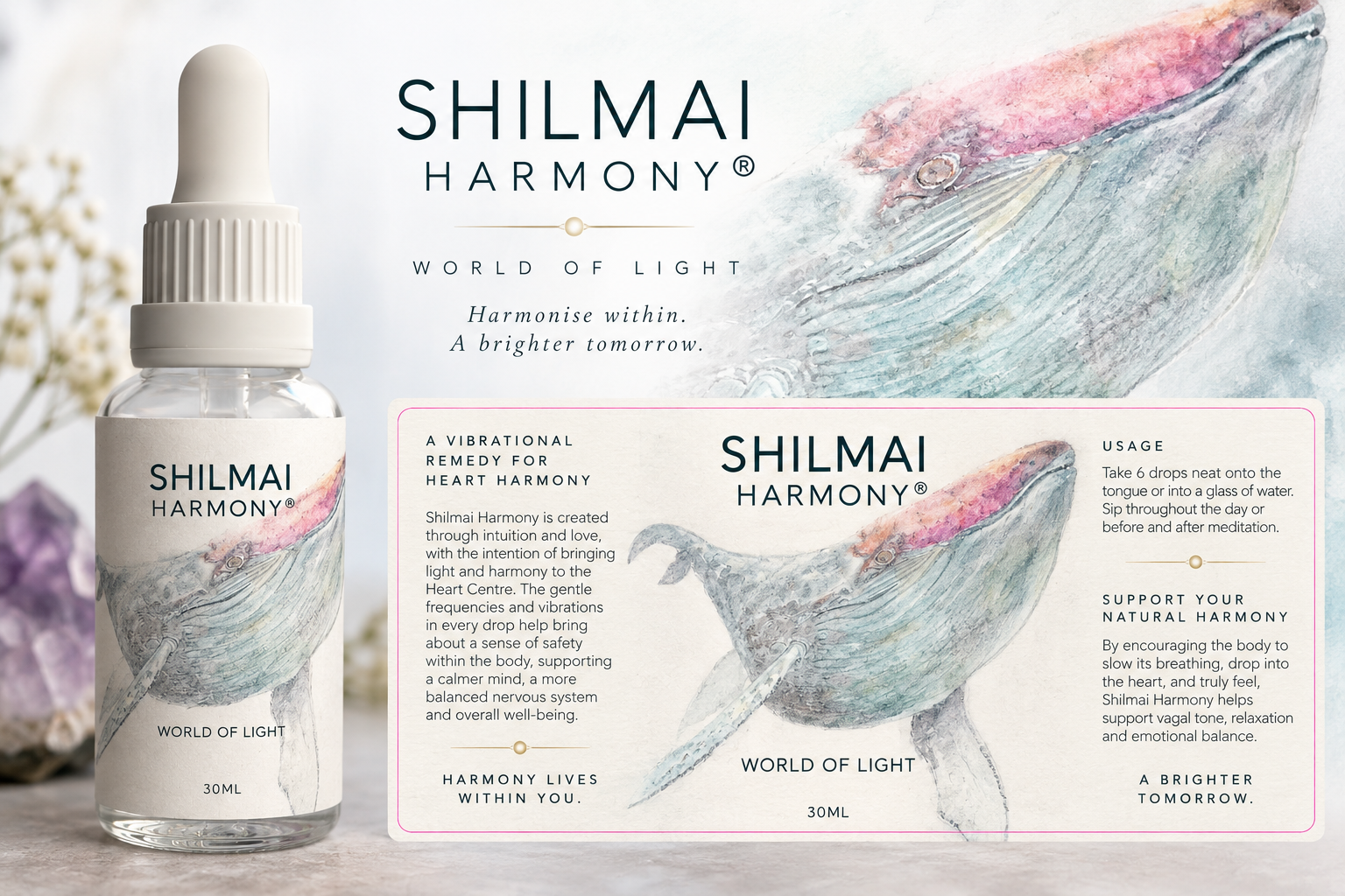 Shilmai Harmony 30ml pipette bottle with watercolour whale artwork and World of Light label